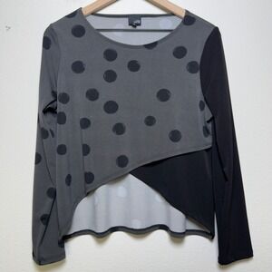 Lisa Bayne Women Top S Gray Polka Dot Asymmetrical Hem Long Sleeve Colorblock